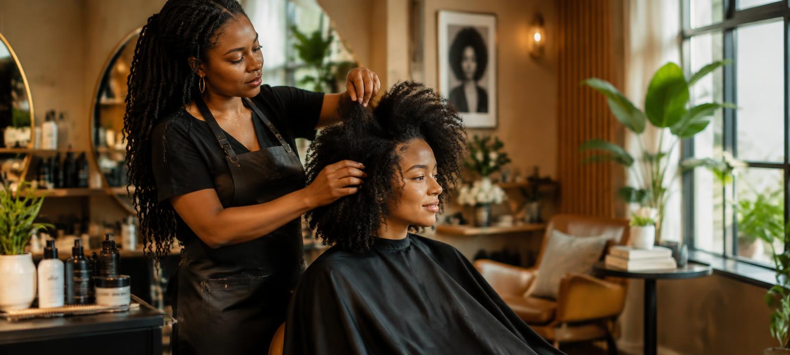 Coiffeuse réalisant une coiffure sur cheveux bouclés